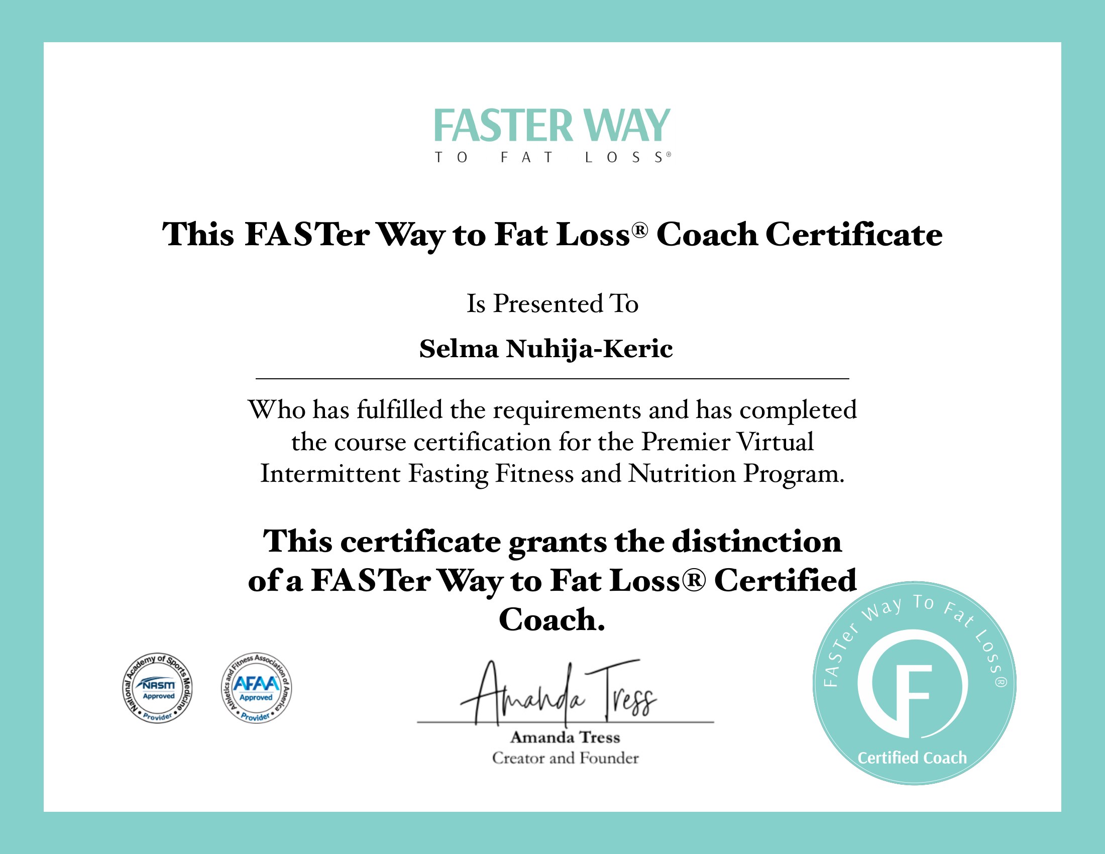 FASTer Way to Fat Loss® Coach Certificate für Selma Nuhija-Keric