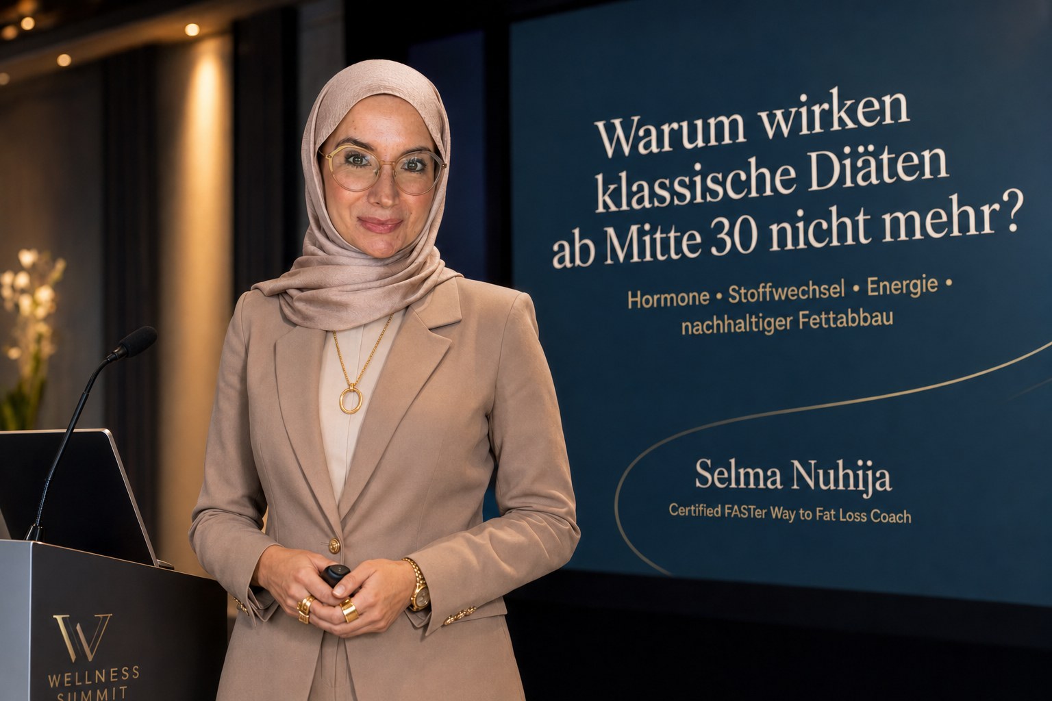 Selma als Coach - Vortrag beim Wellness Summit, Slide: „Warum wirken klassische Diäten ab Mitte 30 nicht mehr?